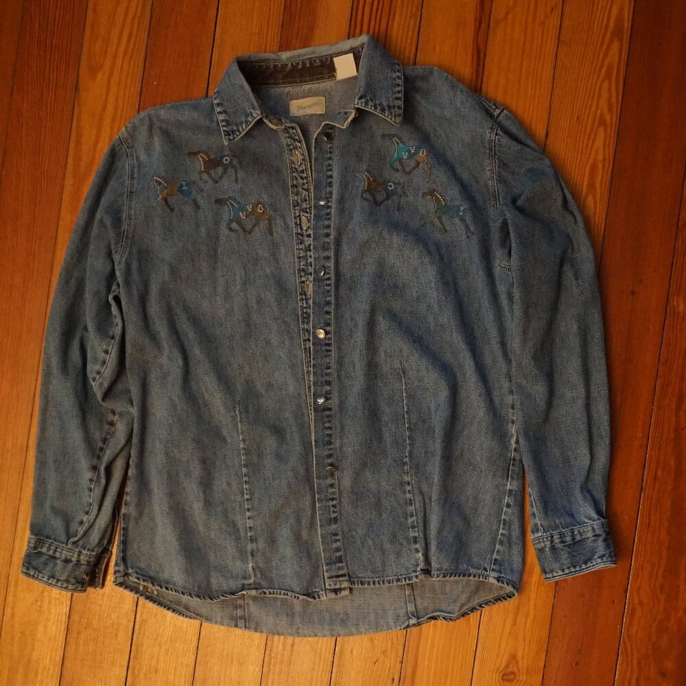 Vintage Wrangler Denim Western-Wild Horses Long Sleeve Button Up Shirt L - Picture 4 of 9